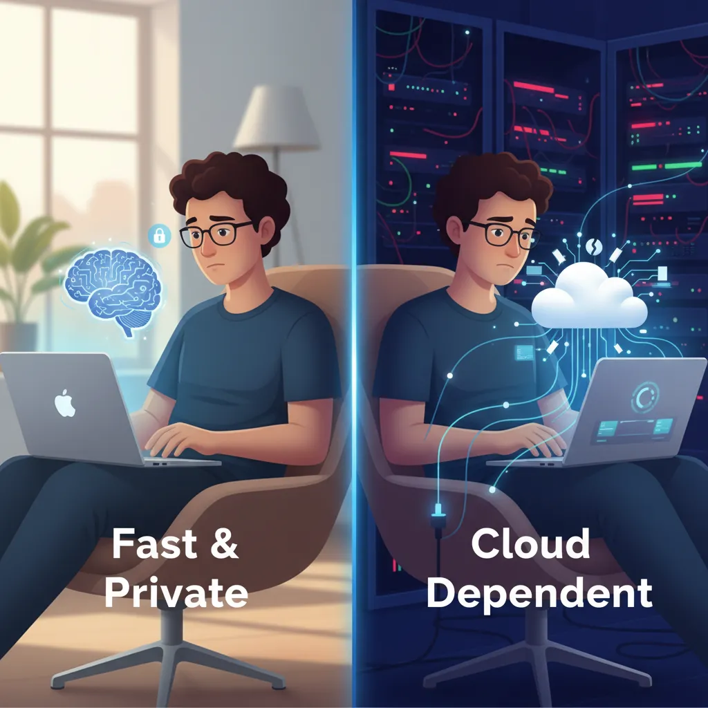 Visual comparison of on-device AI versus cloud-based AI, highlighting privacy and speed.