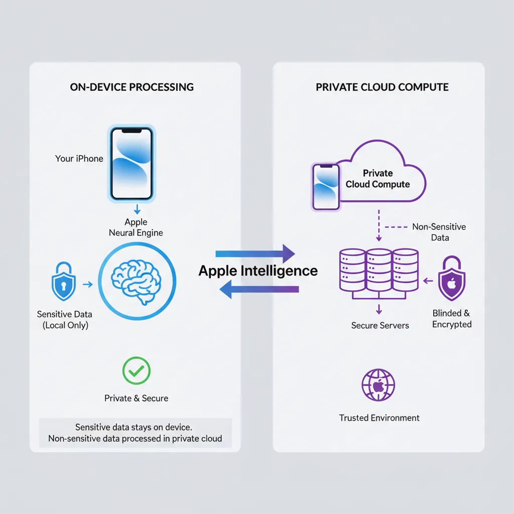 Diagram showing data flow for on-device and private cloud processing in Apple Intelligence