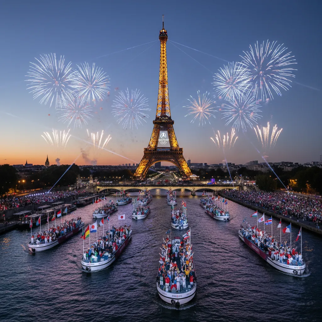 A vibrant depiction of the Paris 2024 Opening Ceremony on the Seine River.
