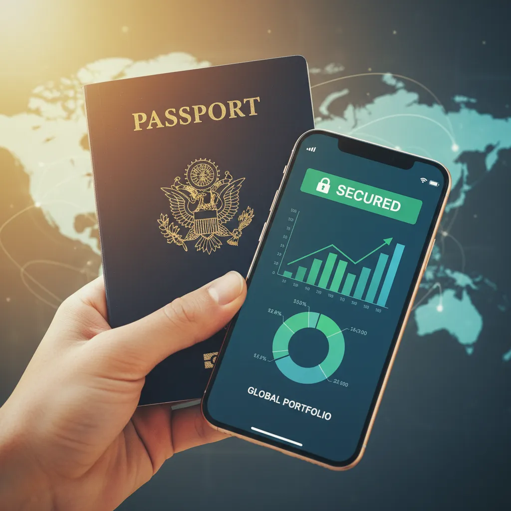 Hand holding passport with investment app on phone and world map