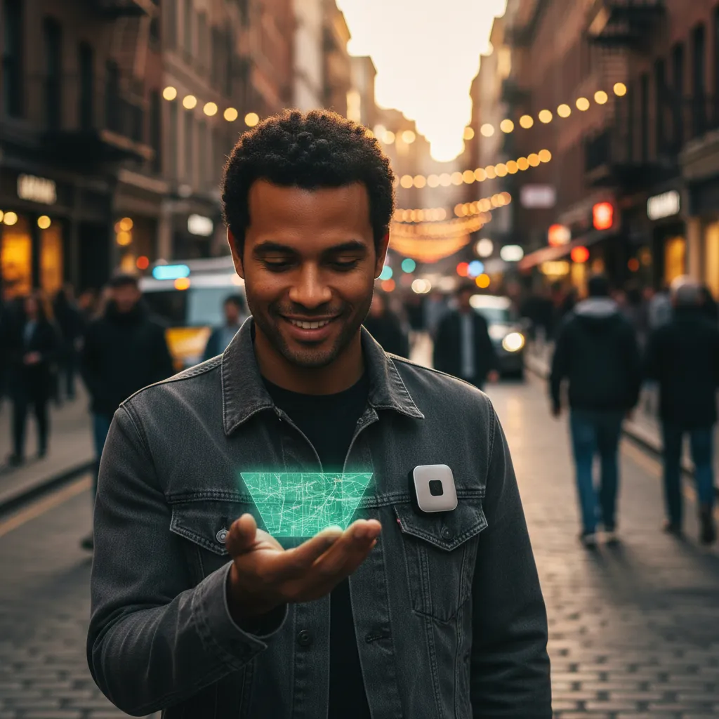 A person walking through a vibrant city street, casually interacting with their Humane AI Pin clipped to their jacket.