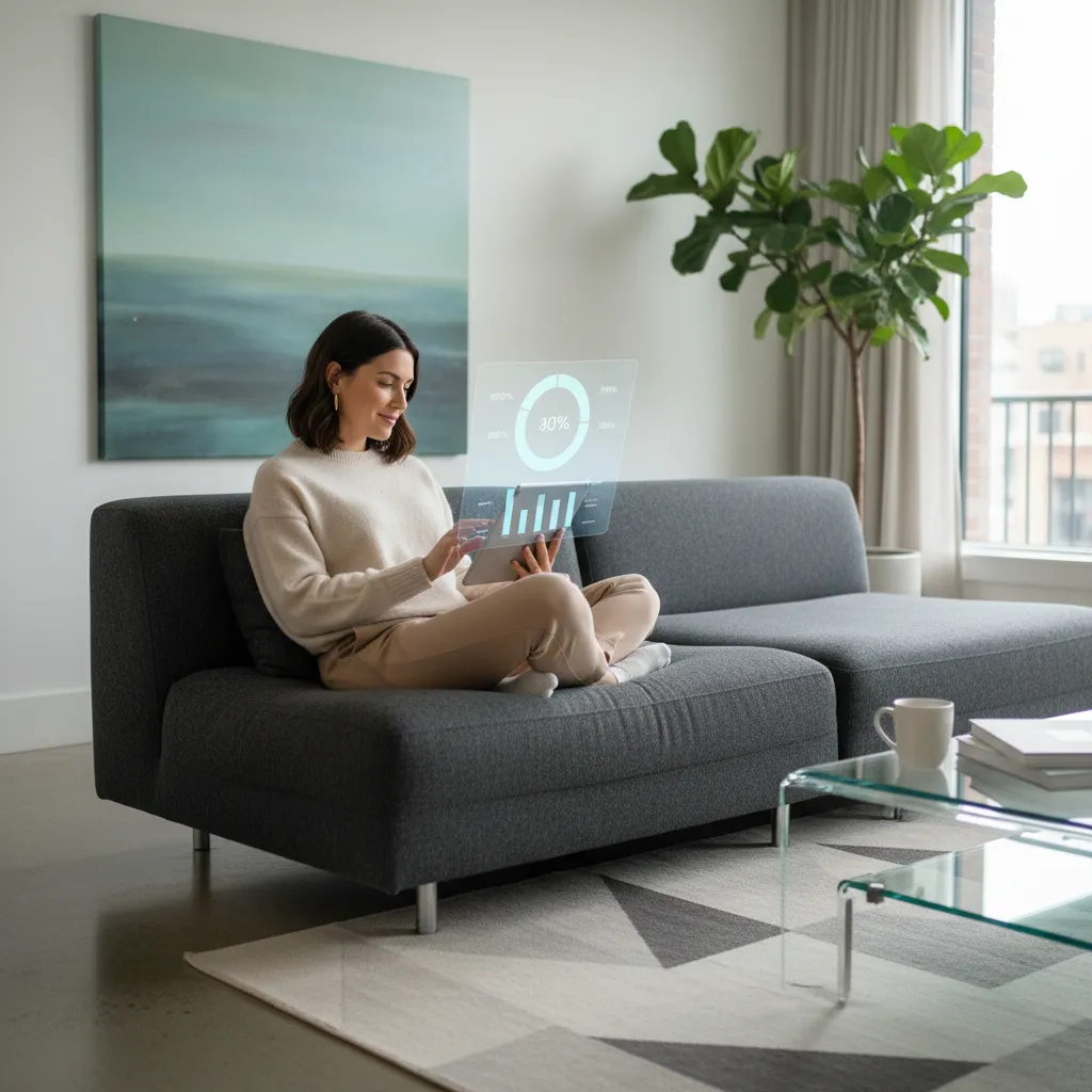 Person confidently managing personal finances on a tablet in a modern living room