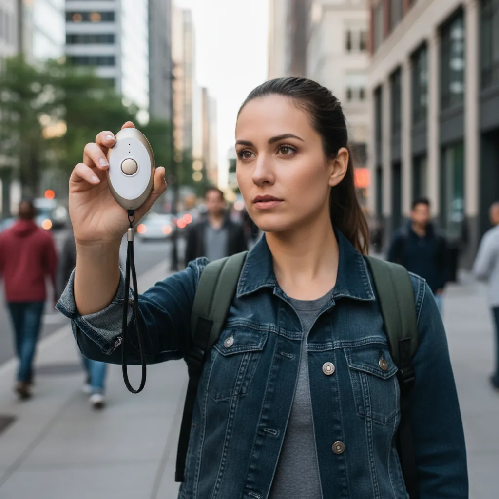 Woman demonstrating personal safety alarm on backpack