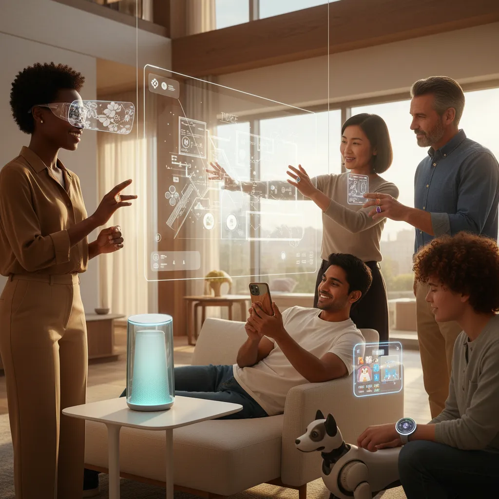 People interacting with personalized AI devices in their daily lives, showing seamless integration.