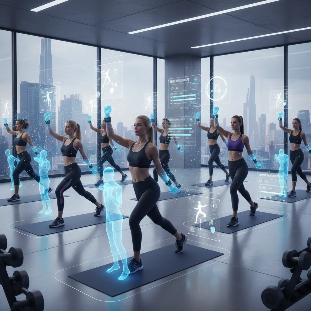 AI-powered personal fitness trainer in a futuristic gym