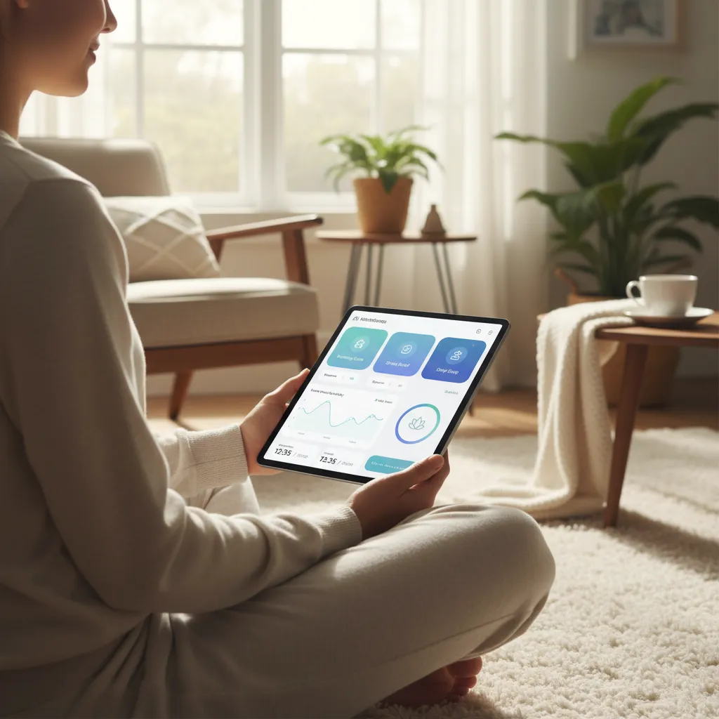Person using AI mindfulness app on tablet