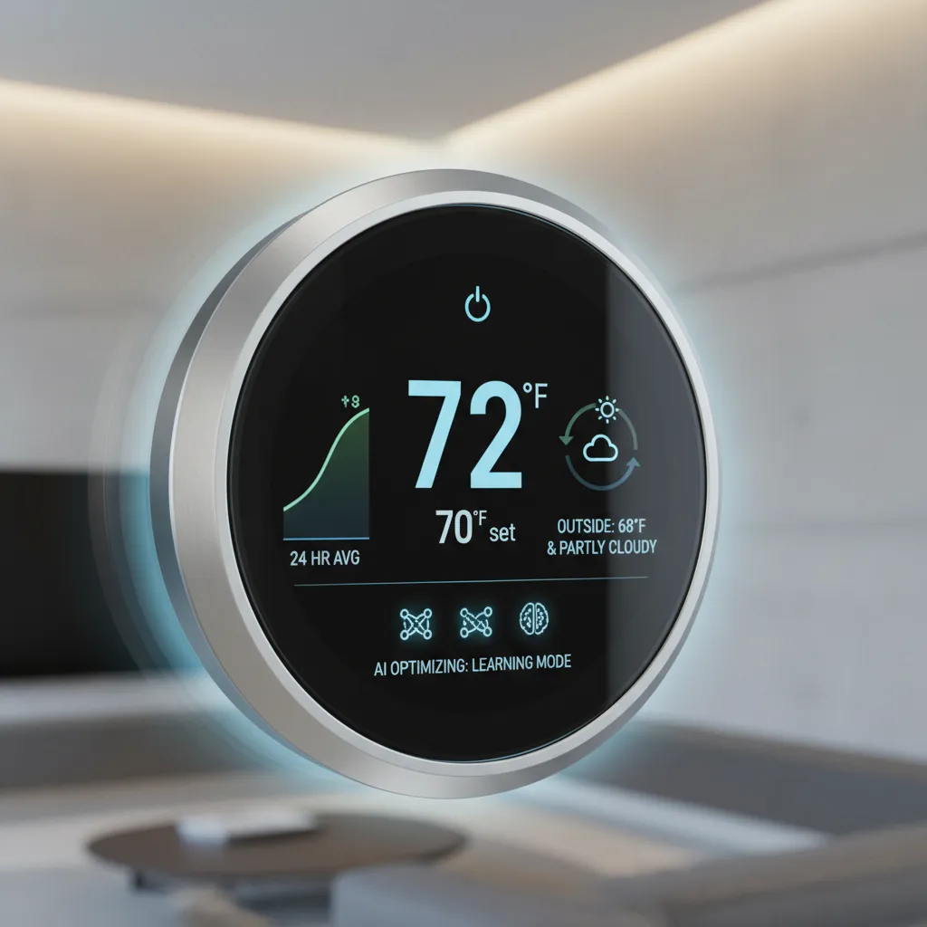 AI powered smart thermostat displaying climate data