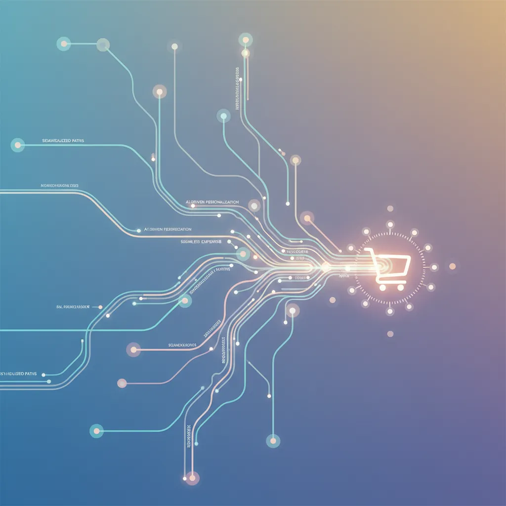 Abstract digital art showing interconnected data nodes and flowing lines forming a customer journey, ending in a shopping cart icon, symbolizing AI-powered personalized customer experiences.