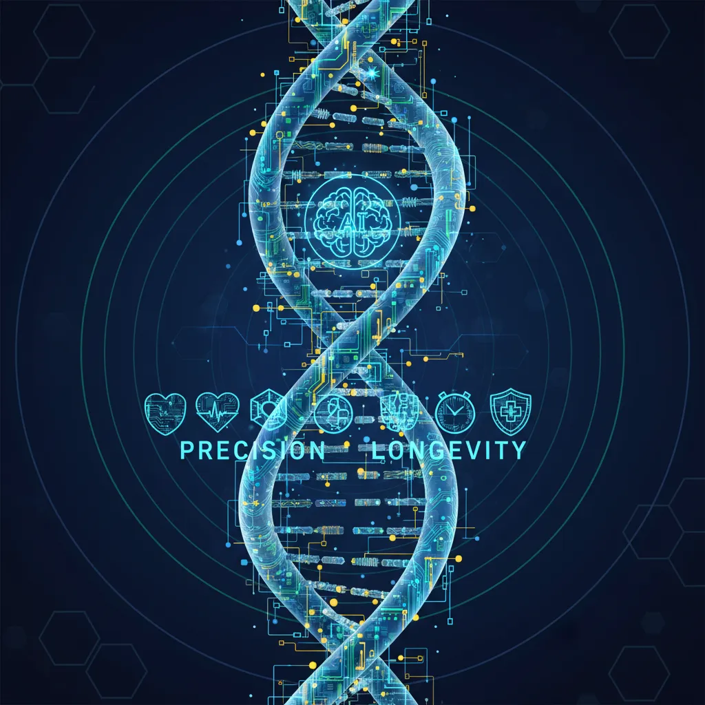 A stylized DNA helix integrated with circuit board elements, representing AI and genetic data for health.