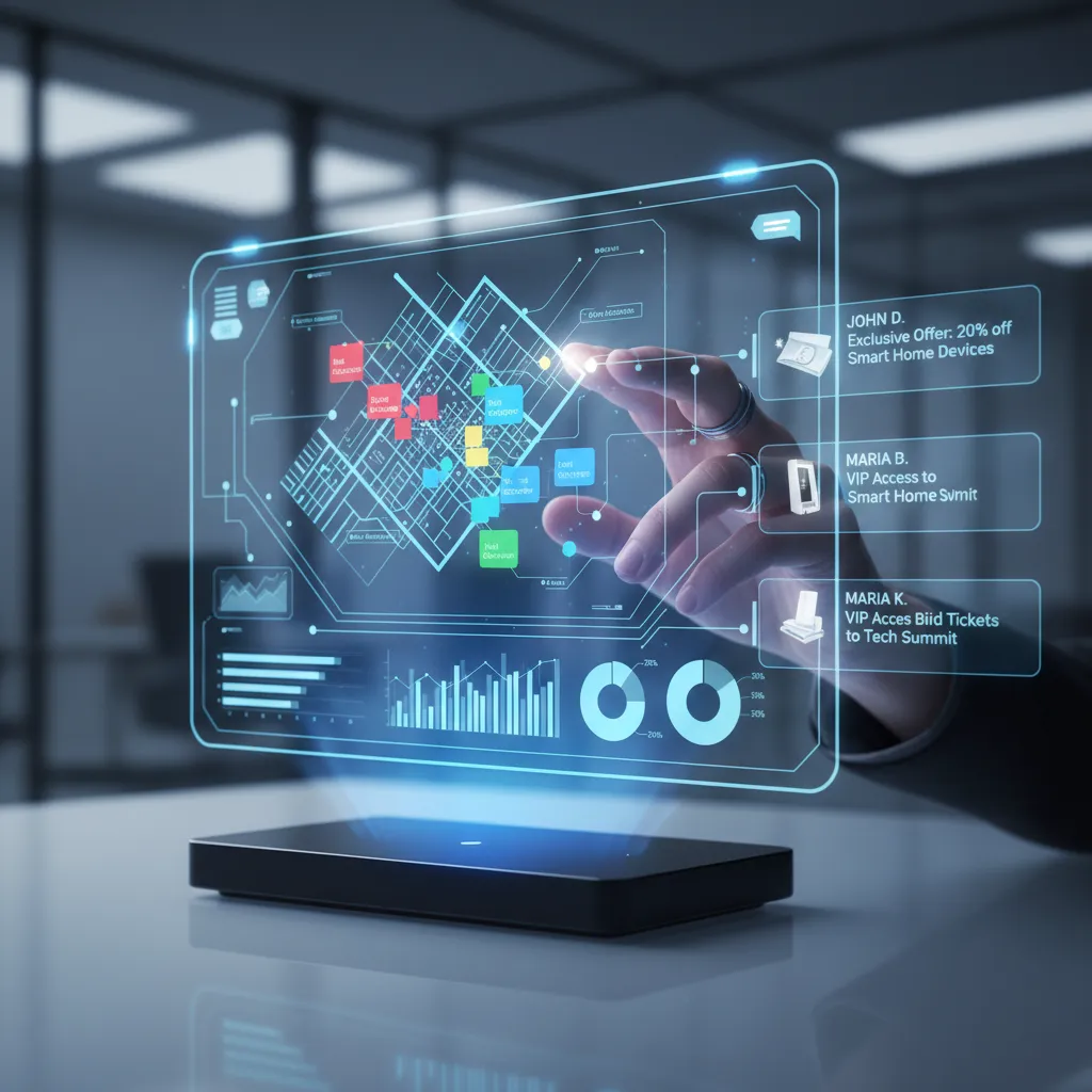 AI-powered holographic interface showing customer segmentation and personalized marketing