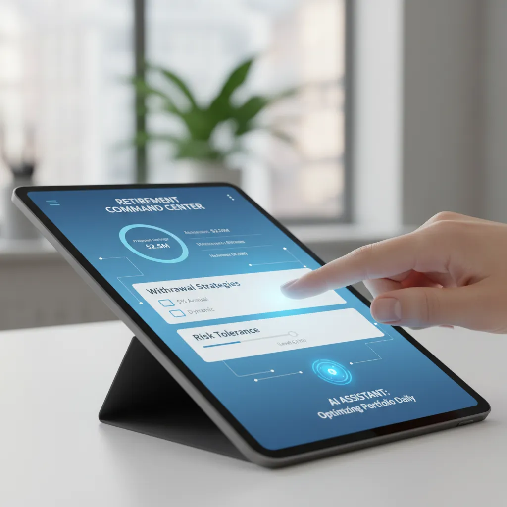 Hand interacting with AI personalized retirement dashboard on a tablet