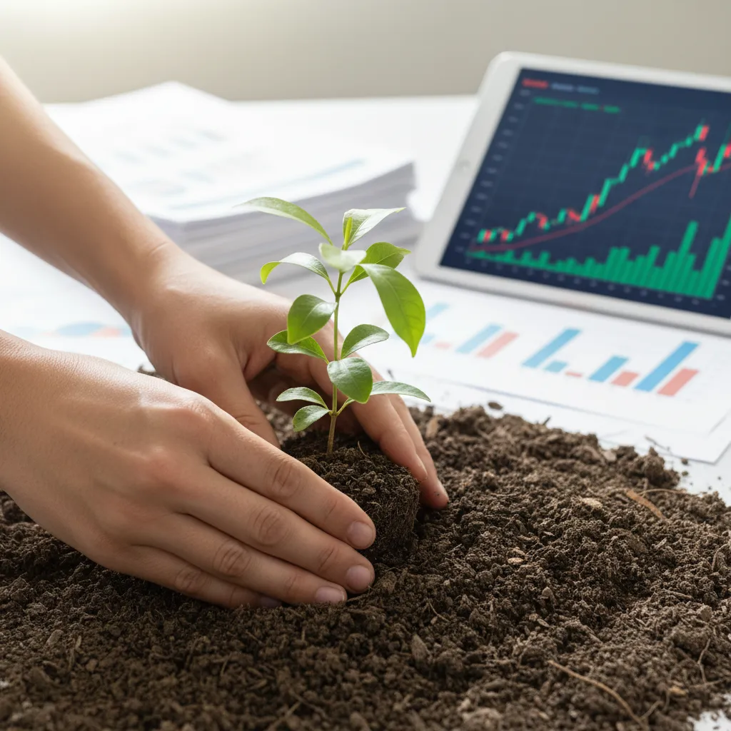 Hands planting a tree with financial data