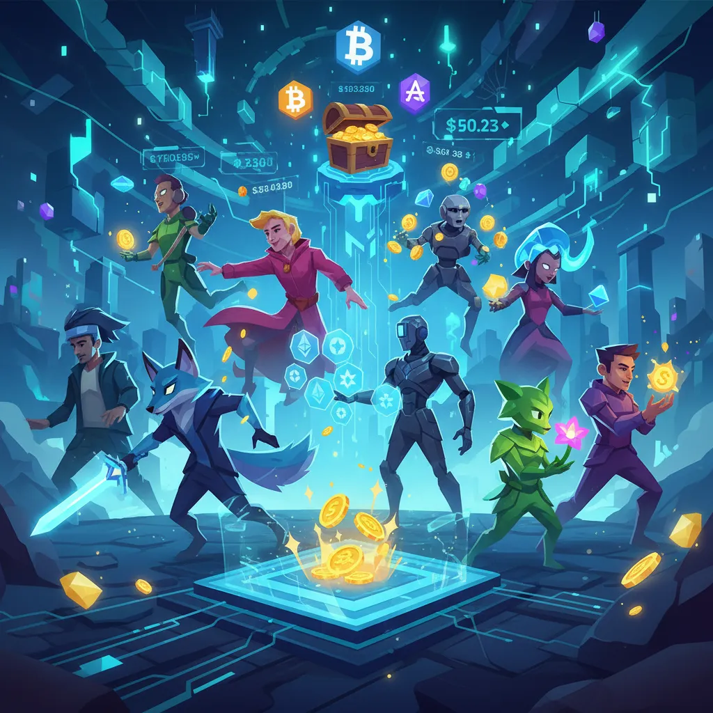 Avatars playing a blockchain game, earning digital rewards.