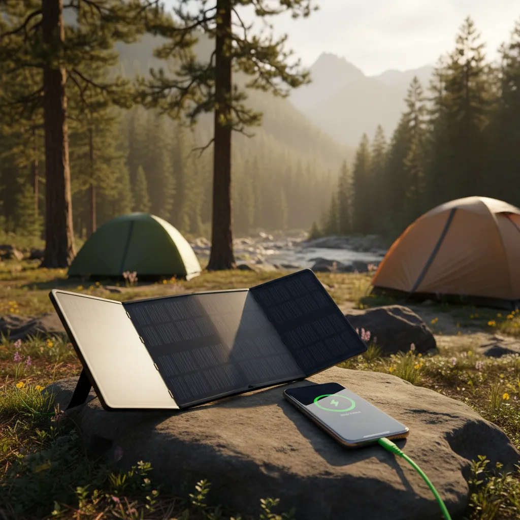 Portable solar charger powering a smartphone in a camping setting