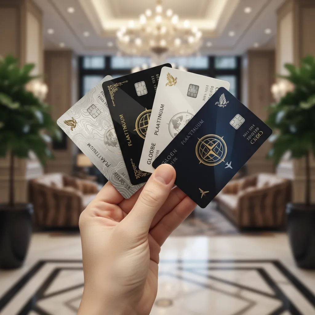 Hand holding fanned out premium credit cards in a hotel lobby.