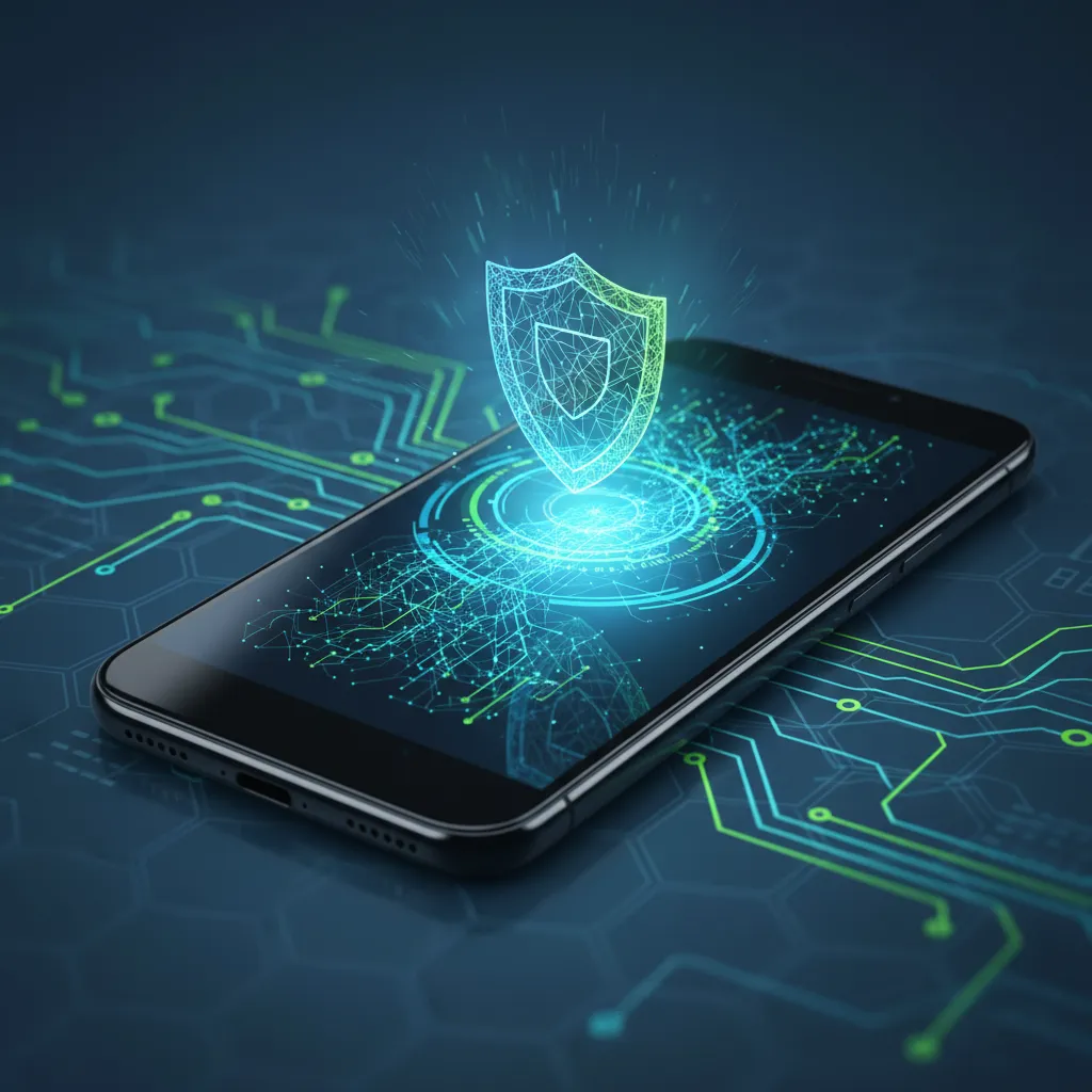 A holographic shield protecting personal data on a smartphone, symbolizing private AI.