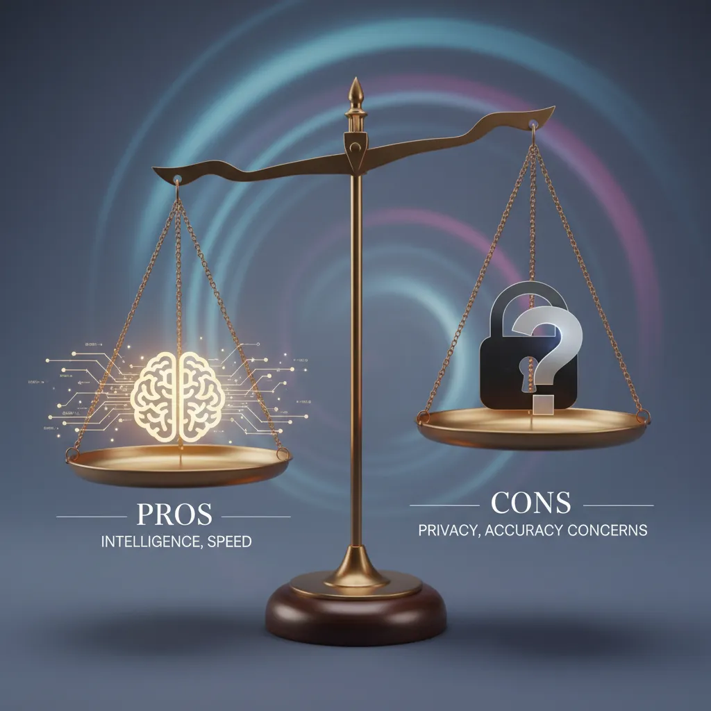 A balanced scale weighing the pros and cons of AI-powered search technology.