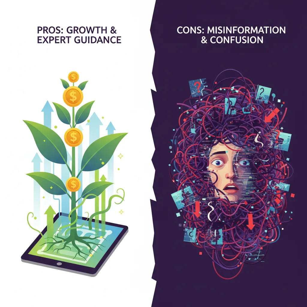 Conceptual art depicting pros and cons of online financial advice with growth and confusion elements