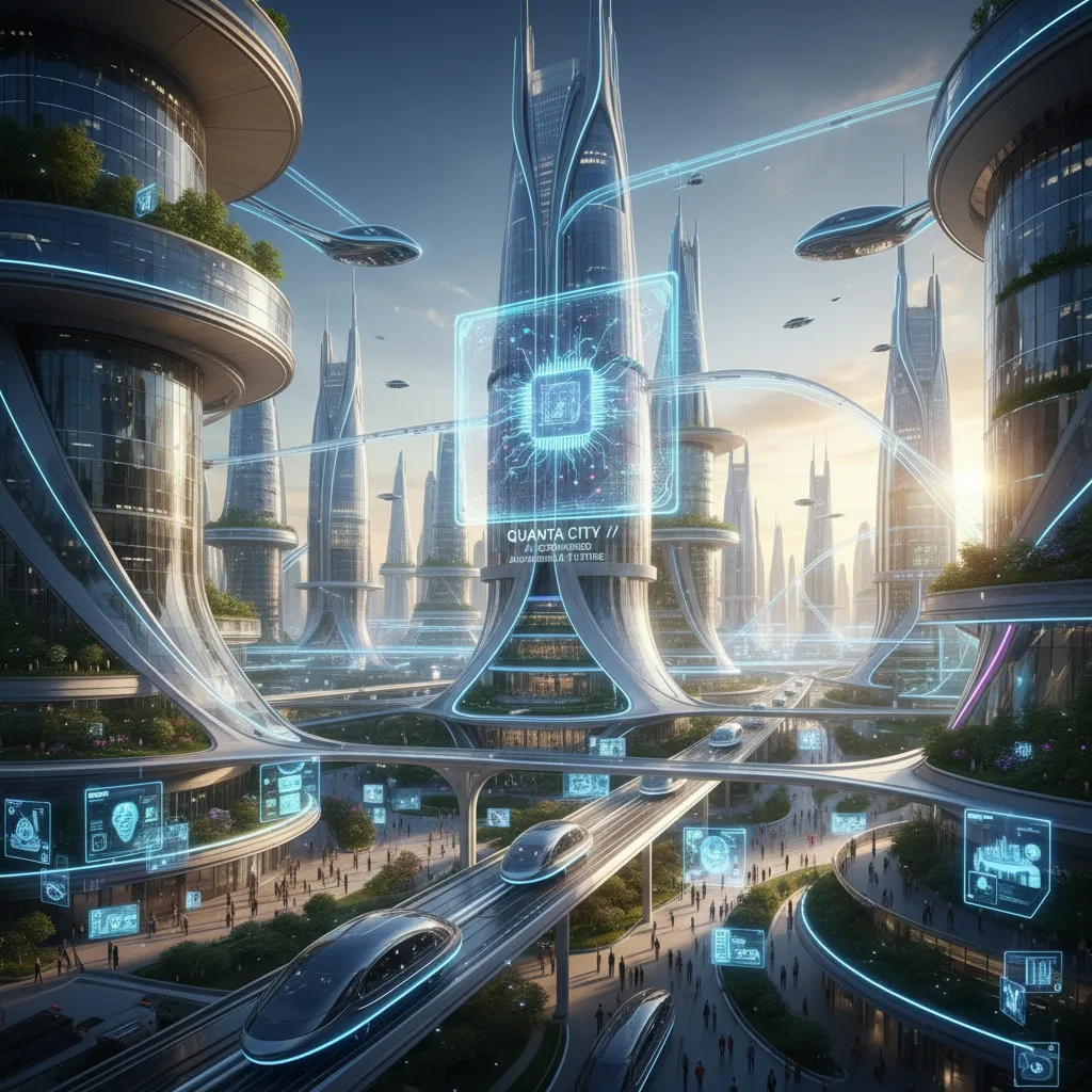Futuristic cityscape showcasing quantum AI's societal impact.
