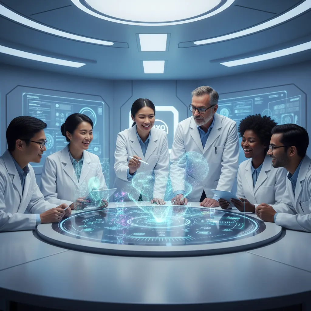 Researchers observing holographic quantum AI simulations in a lab.