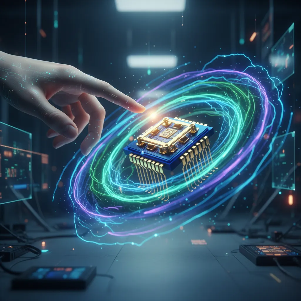 Human hand interacting with quantum chip