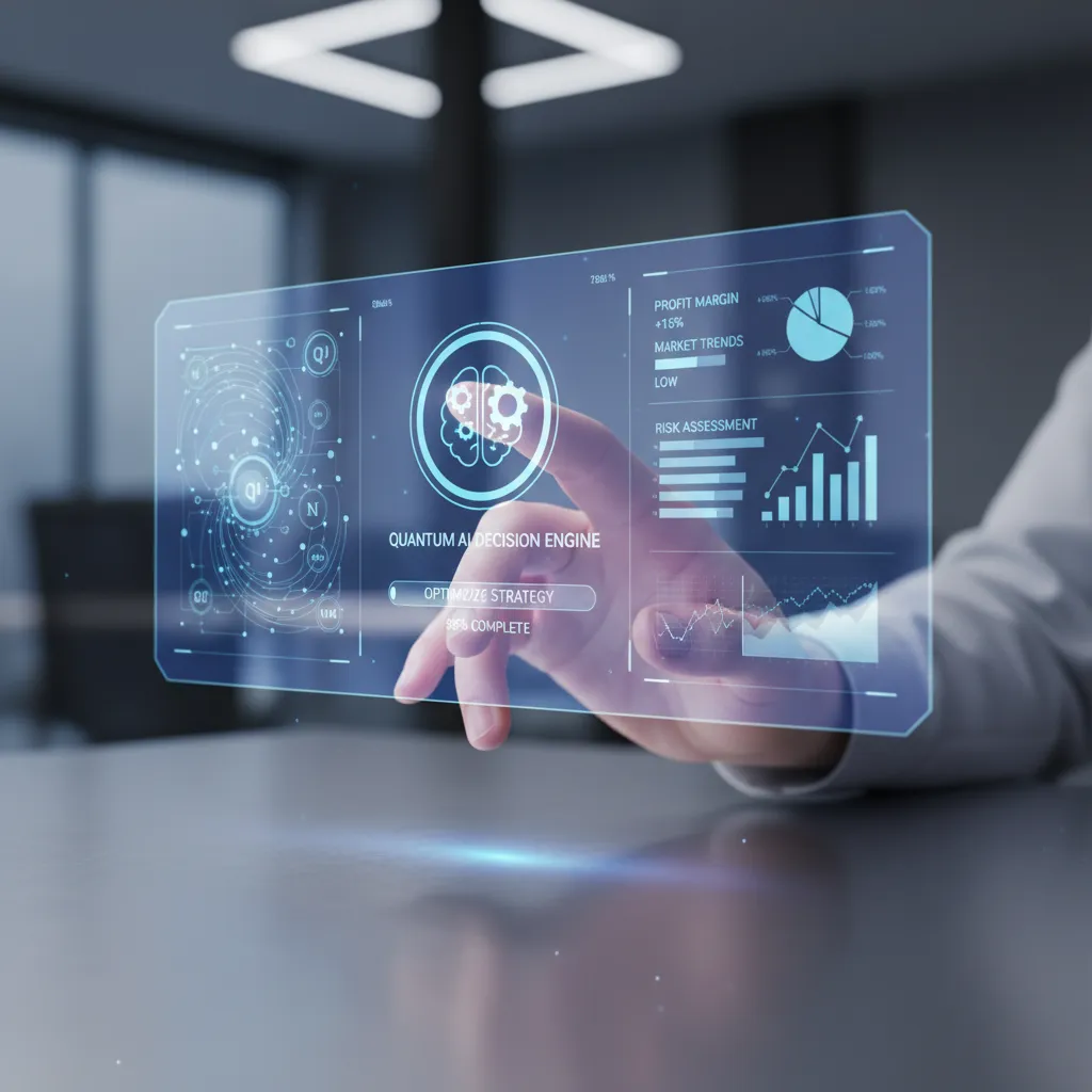 Human hand interacting with holographic quantum AI business data