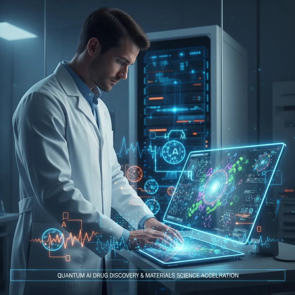 Scientist observing drug discovery with quantum computing overlay