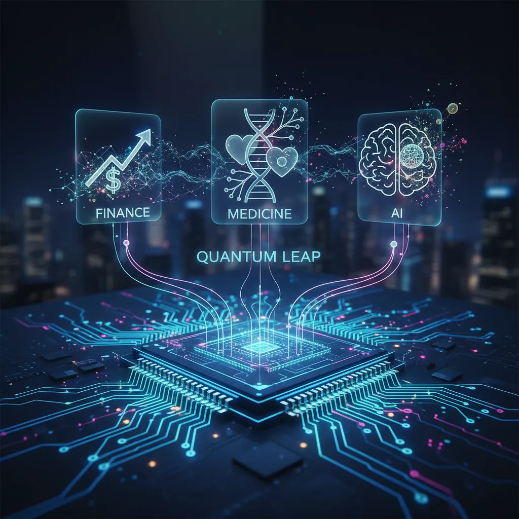 Holographic icons representing various industries above a quantum circuit board.