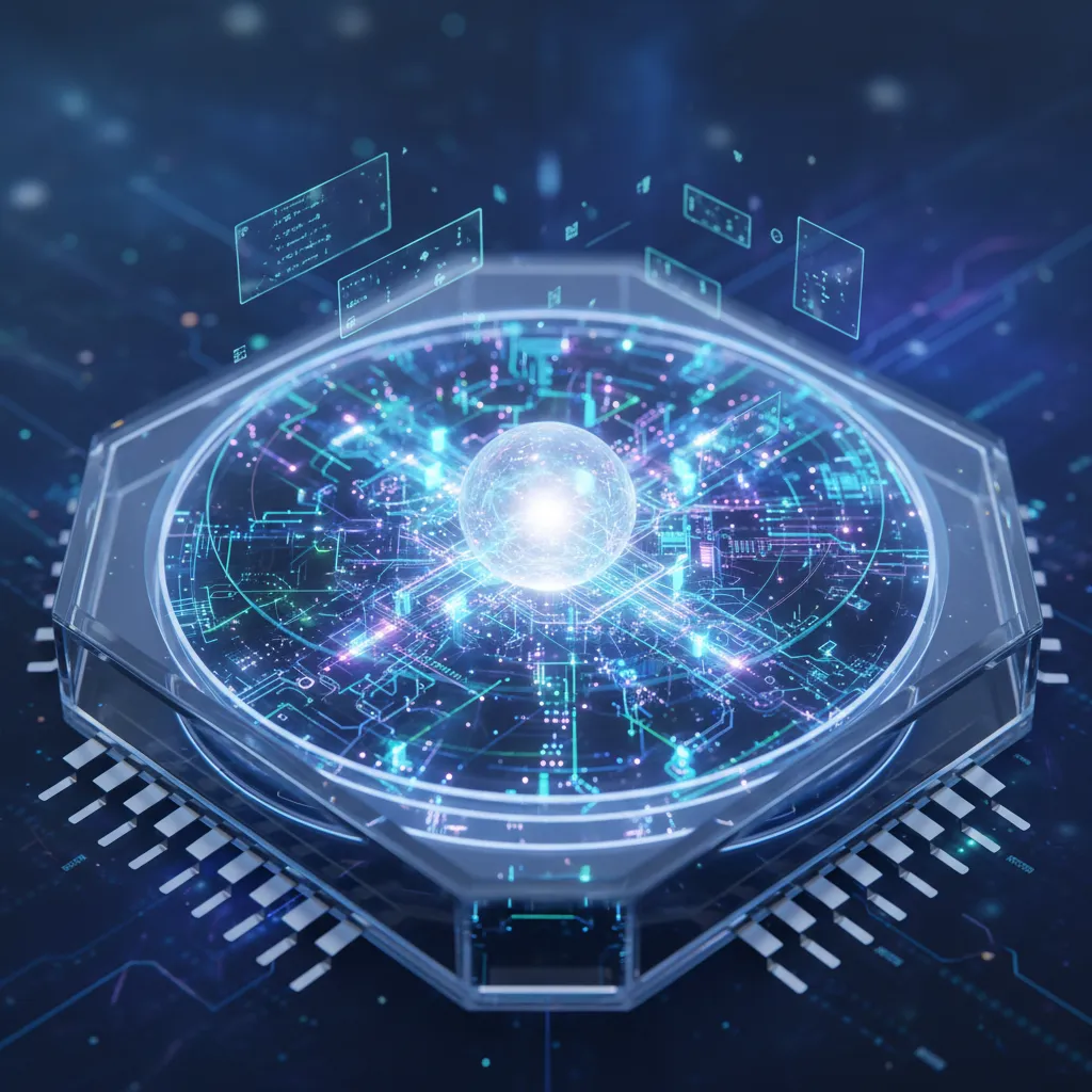 Close-up of a glowing quantum processor chip.