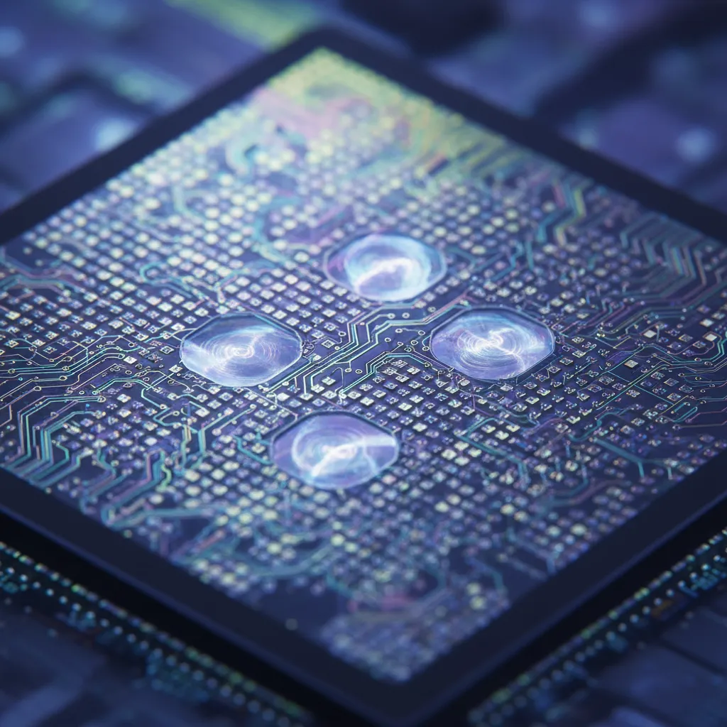 Close-up of a glowing, intricate quantum processor chip.