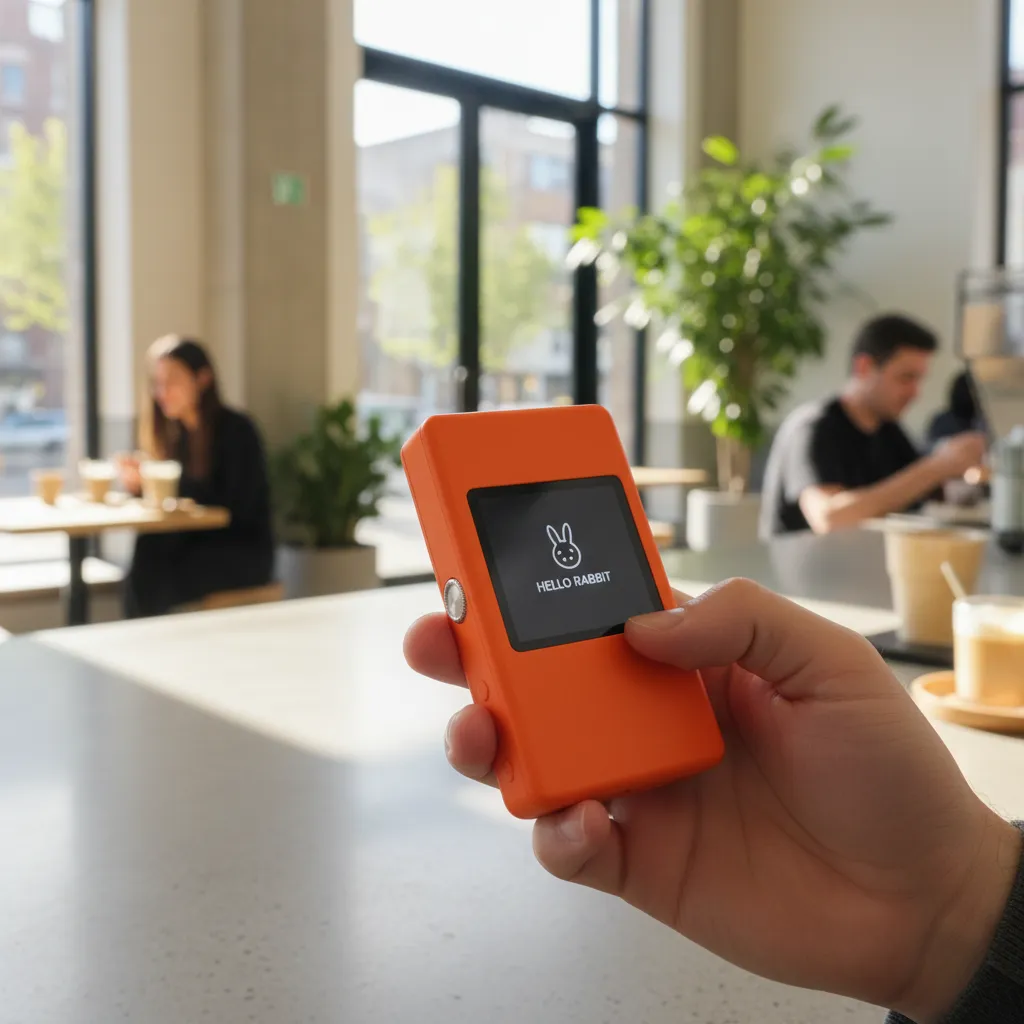 A person holding the orange Rabbit R1 device, with its screen showing a simple, intuitive user interface.