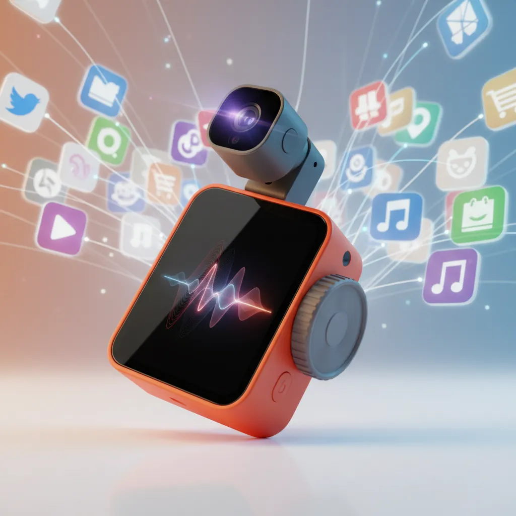 The Rabbit R1 device showcasing its scroll wheel and camera, with a background of app icons representing its Large Action Model.