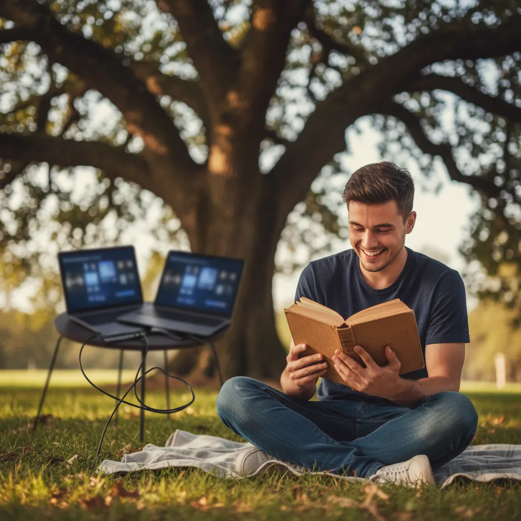 Person reading a book outdoors, detaching from tech
