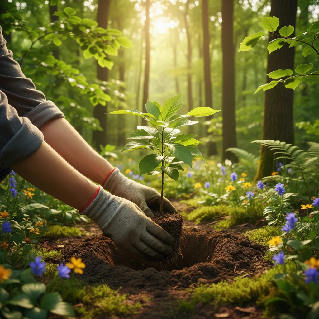 Hands planting a tree, symbolizing reforestation and positive environmental impact from travel.
