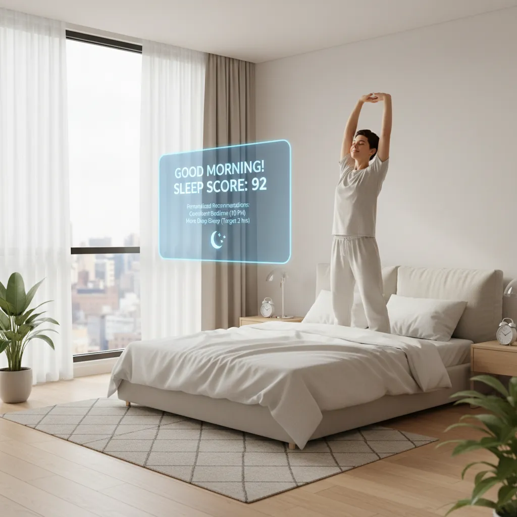 Person waking up refreshed, with a digital display showing a high sleep score and recommendations.