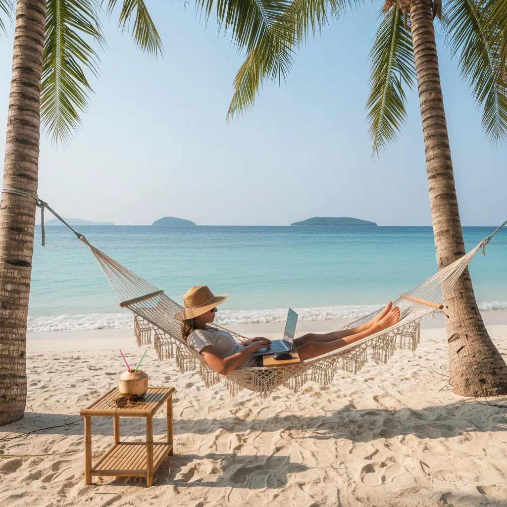 Person working on laptop from a hammock on a tropical beach.