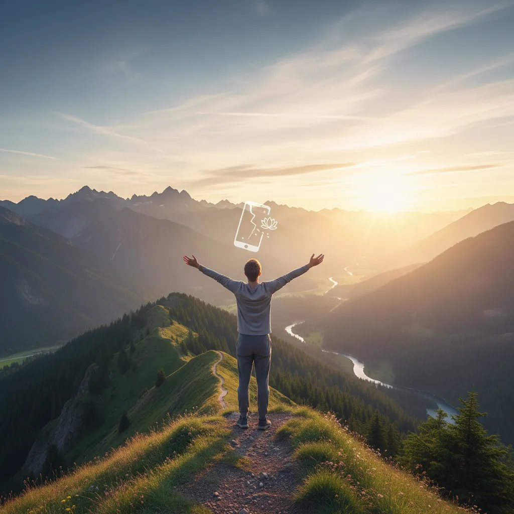 Person looking refreshed after a digital detox, viewing sunrise