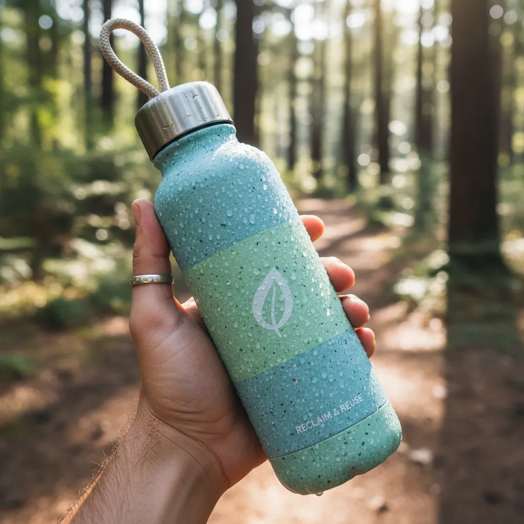 Eco-friendly reusable water bottle on a hike