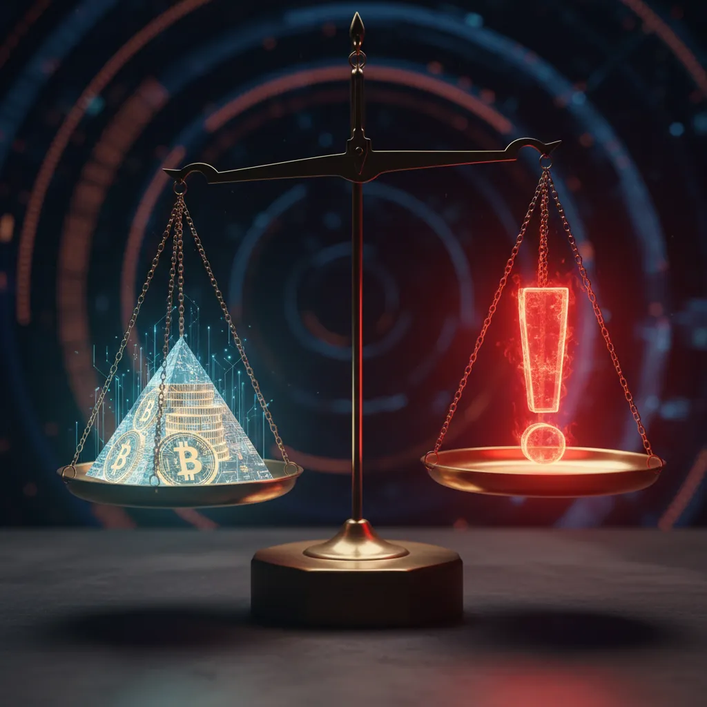 A balanced scale with a dollar sign on one side and a warning symbol on the other, representing the risks and rewards of AI trading.