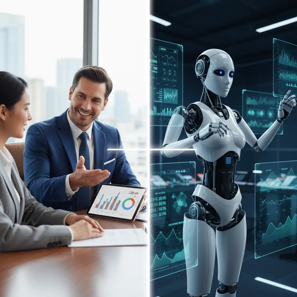 A side-by-side comparison of a human financial advisor and an AI robot working on financial charts.