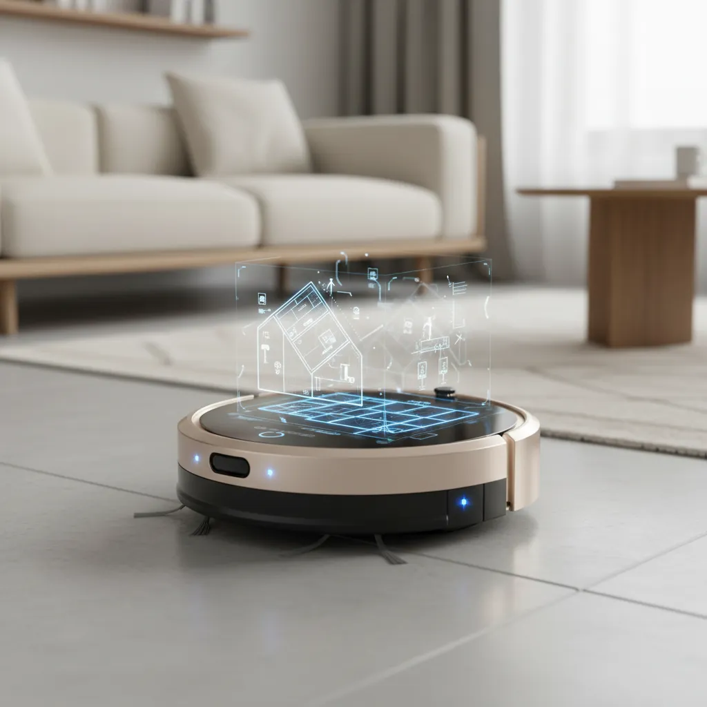 AI robot vacuum cleaning a living room
