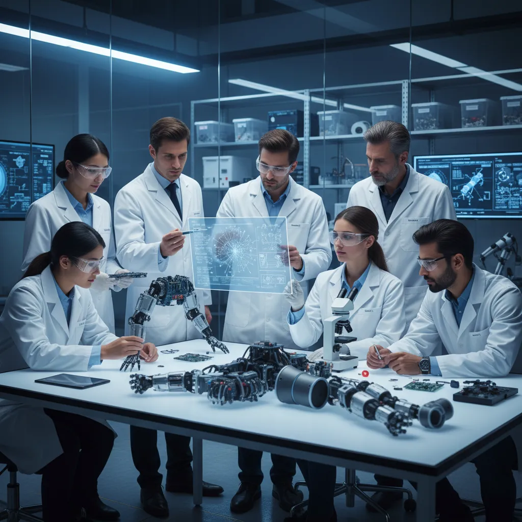 Scientists and engineers working on humanoid robot in a lab.