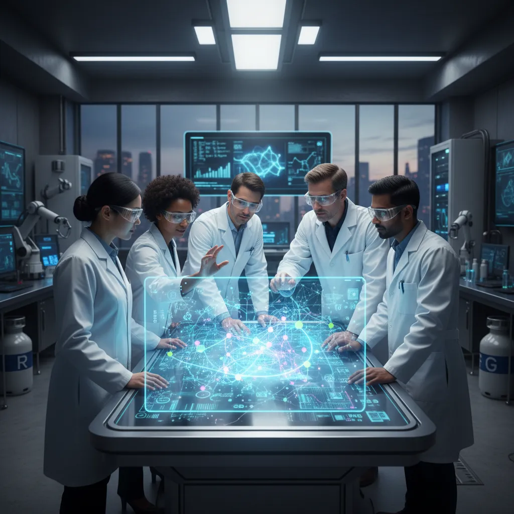 Scientists use AI to analyze molecular structures in a lab.