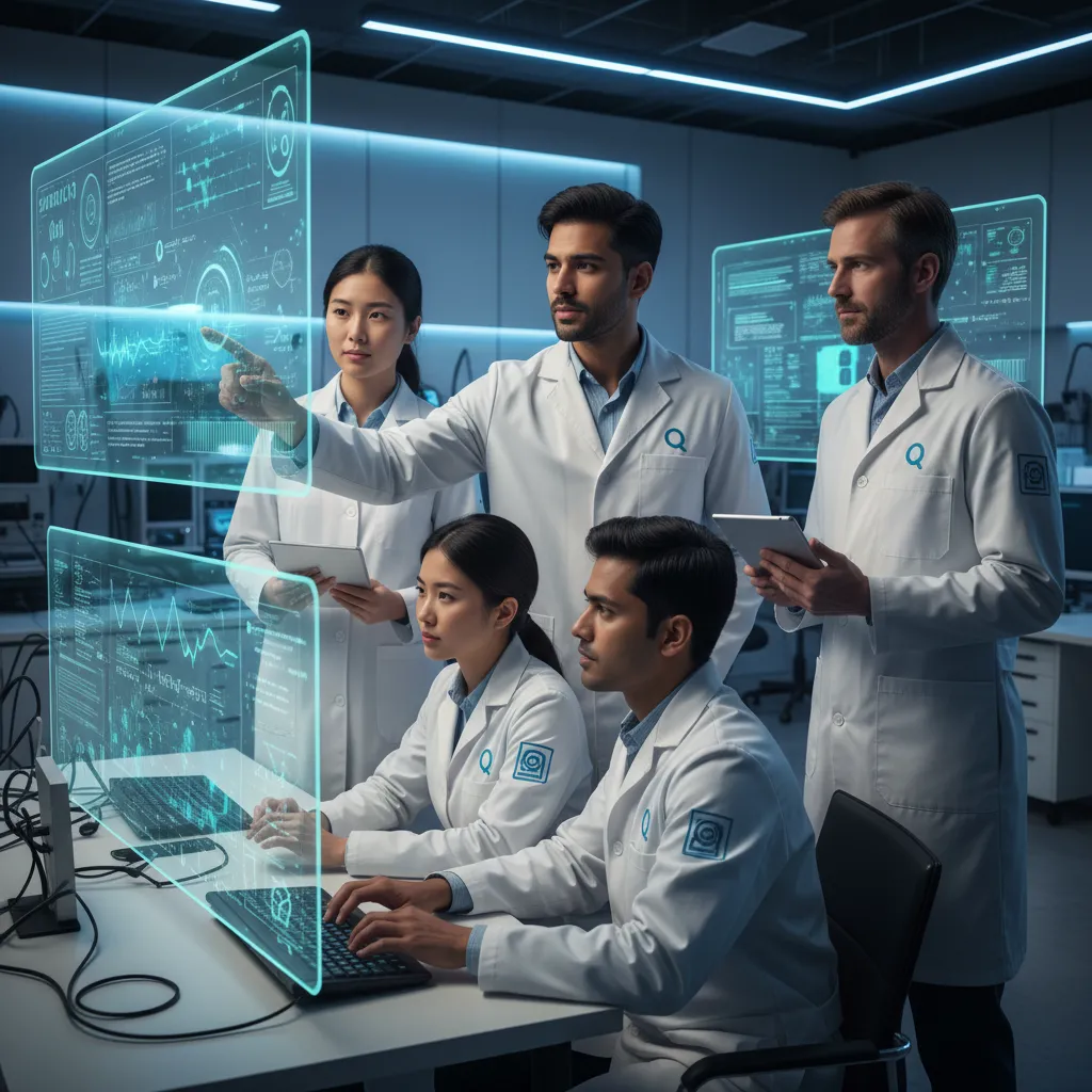 Scientists collaborating on quantum computing research.