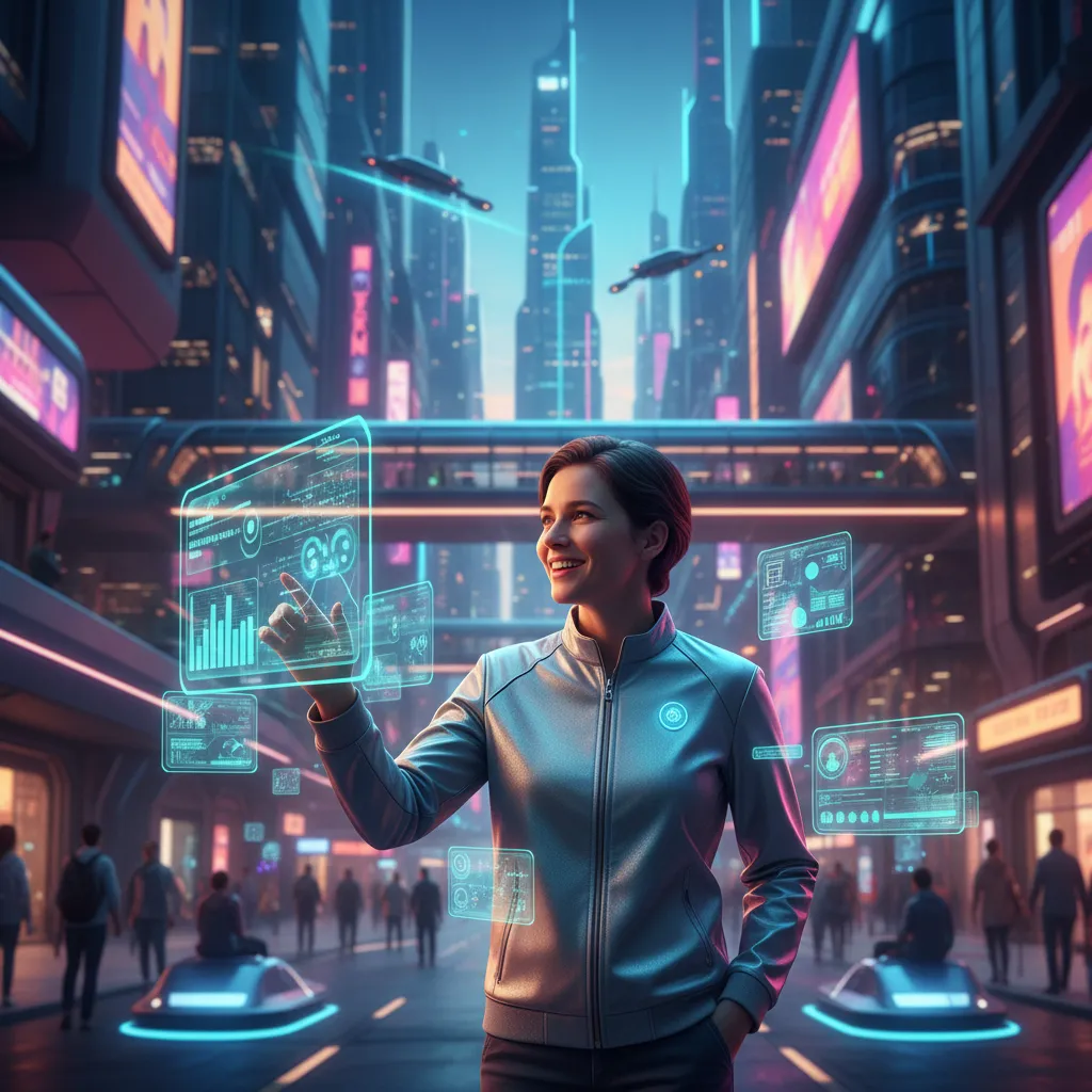 A person using a wearable AI pin to interact with holographic data in a futuristic city, illustrating a screen-free future.
