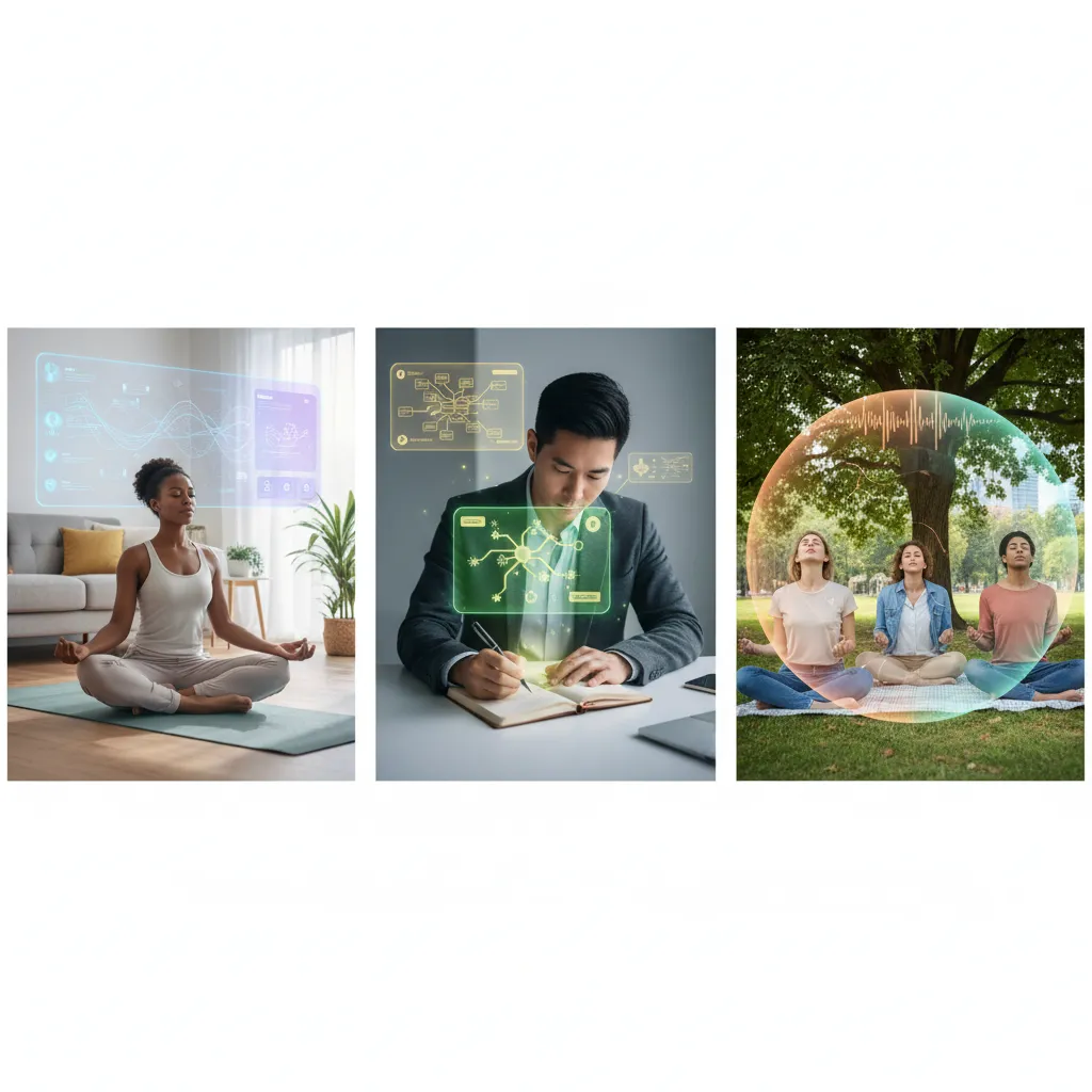 Diverse people using AI wellness tools in daily activities