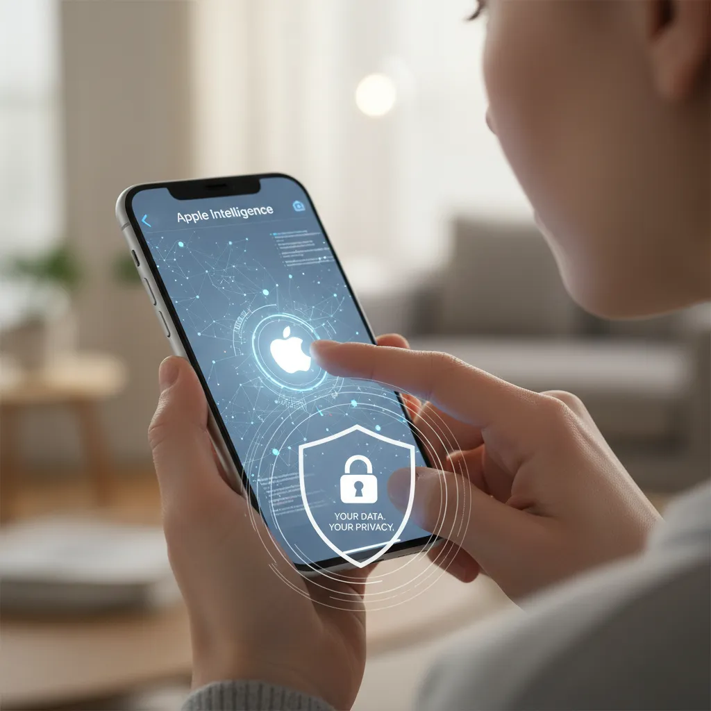 User interacting with iPhone showing secure Apple Intelligence experience