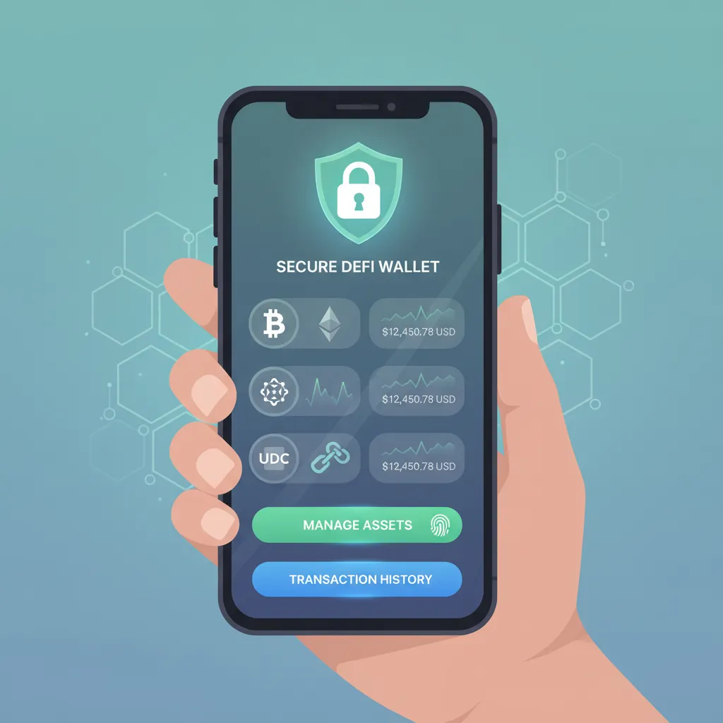 Smartphone screen displaying a secure DeFi wallet interface with crypto icons and lock symbol