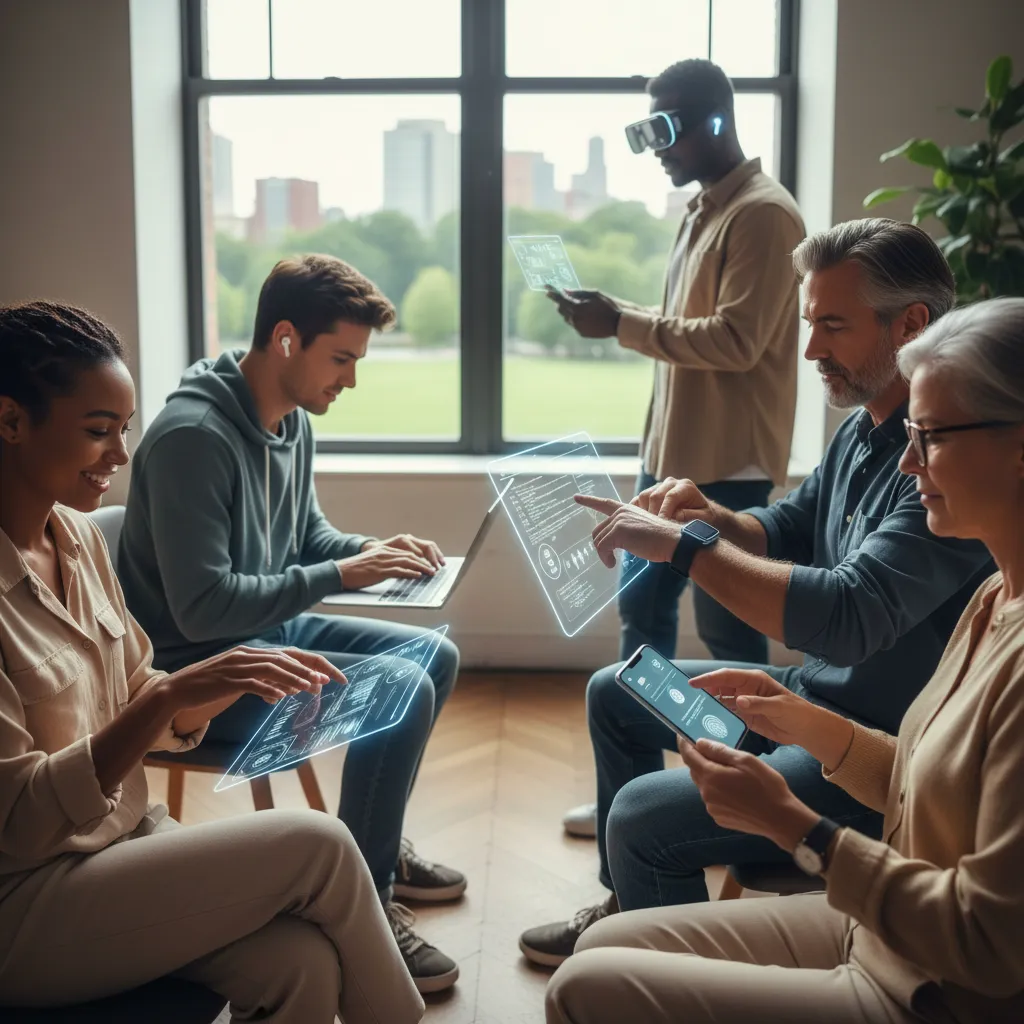 Diverse people interacting with secure smart devices, showing trust in on-device AI