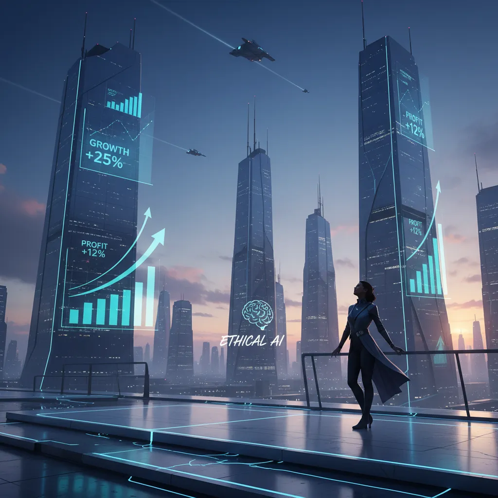 Person looking at futuristic city with financial growth projections from ethical AI